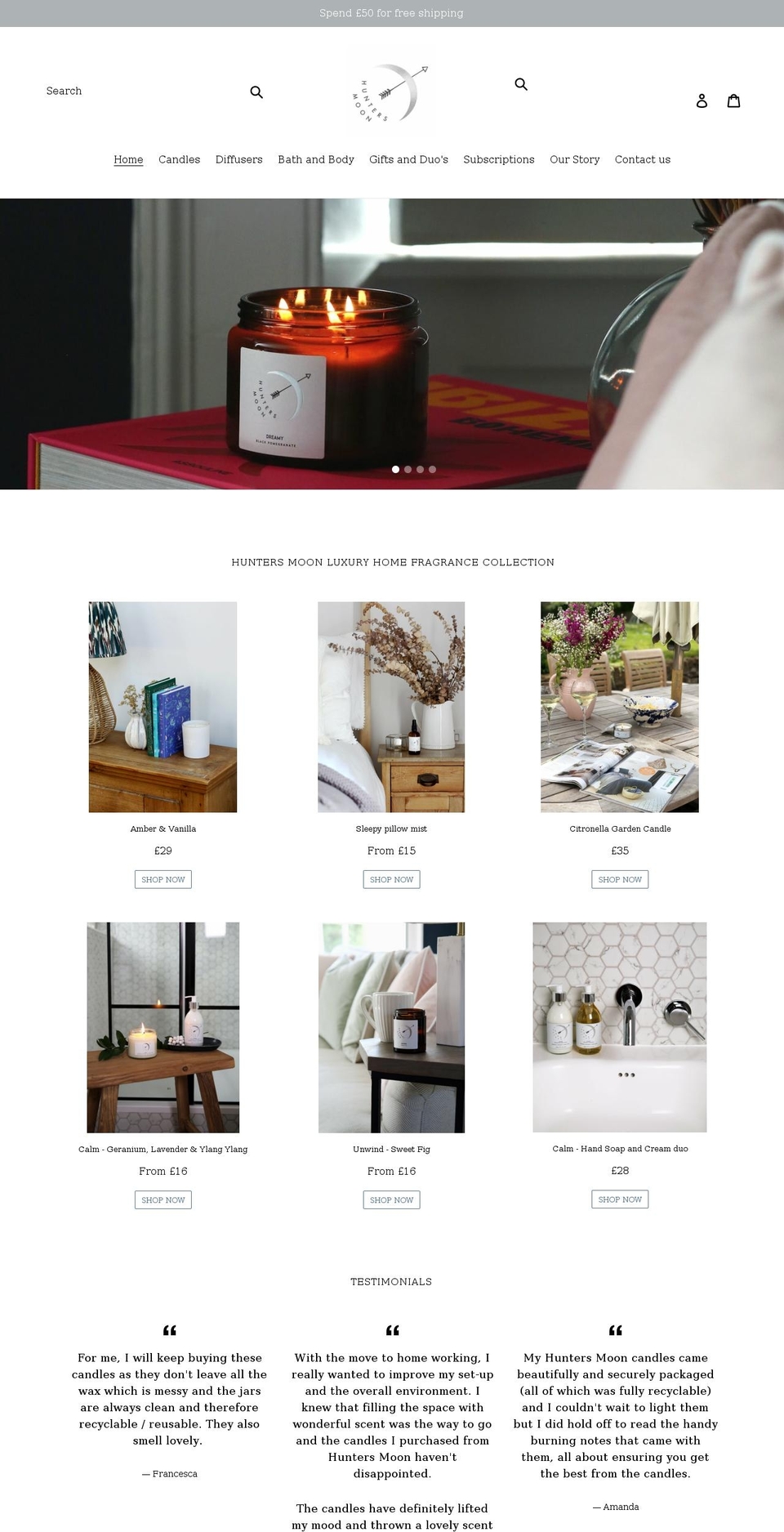 huntersmooncandles.com shopify website screenshot