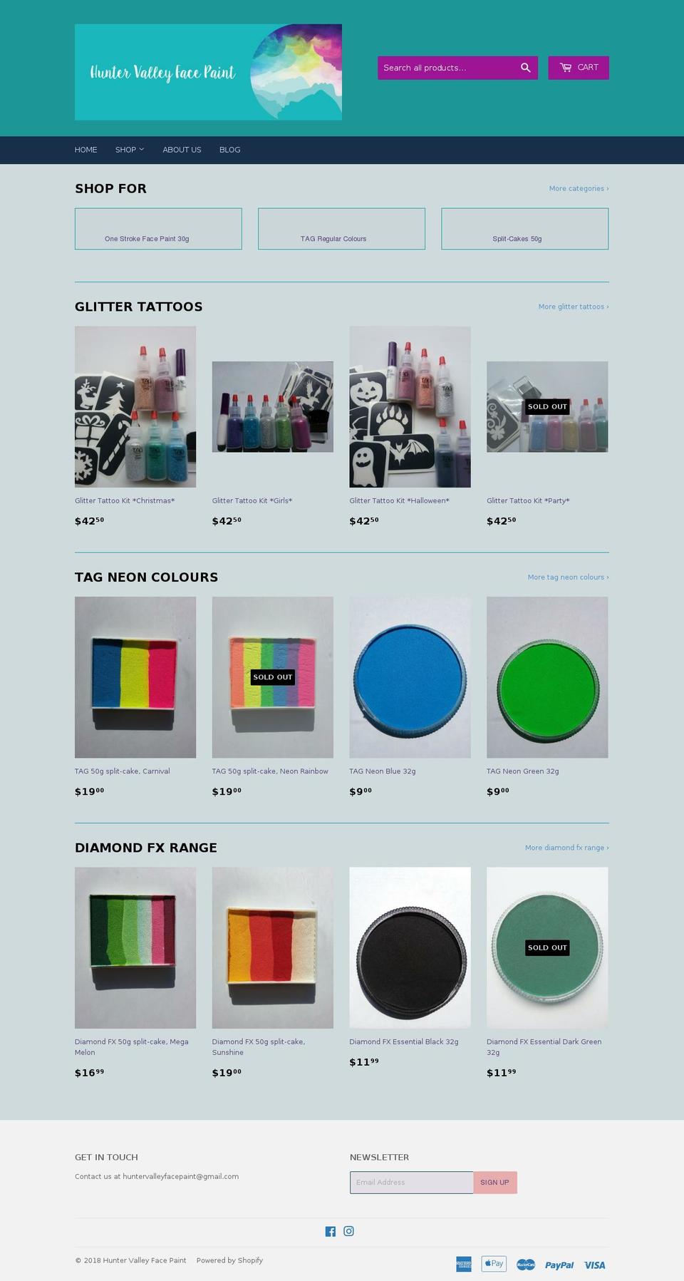 huntervalleyfacepaint.com shopify website screenshot