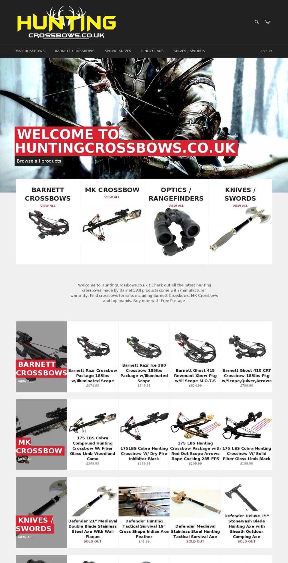 huntingcrossbows.co.uk shopify website screenshot