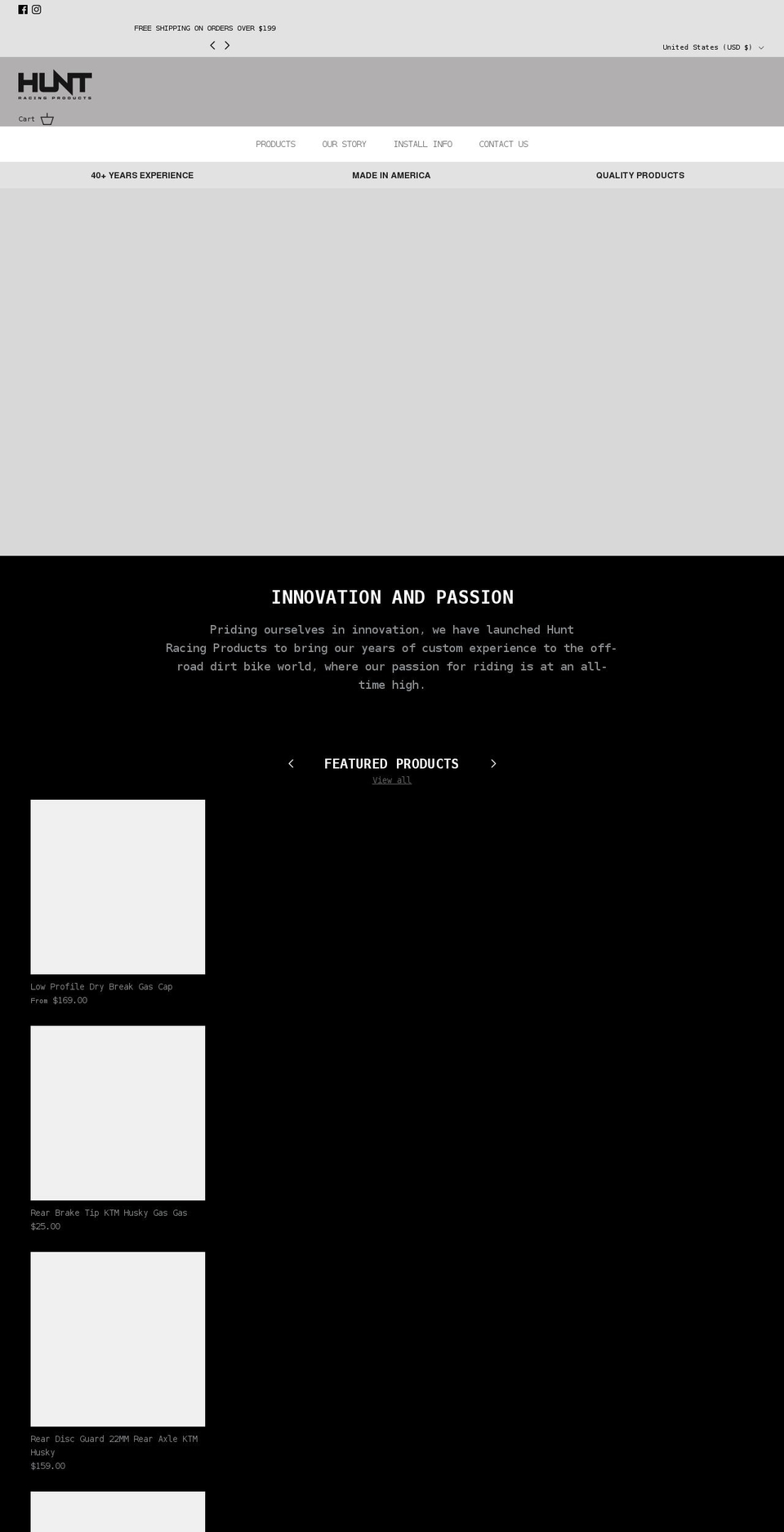 huntracingproducts.com shopify website screenshot