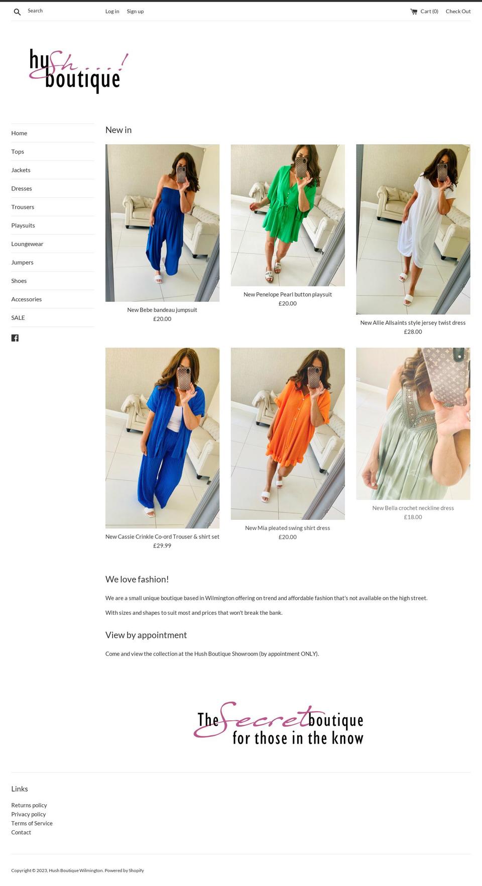 hushboutiquewilmington.co.uk shopify website screenshot