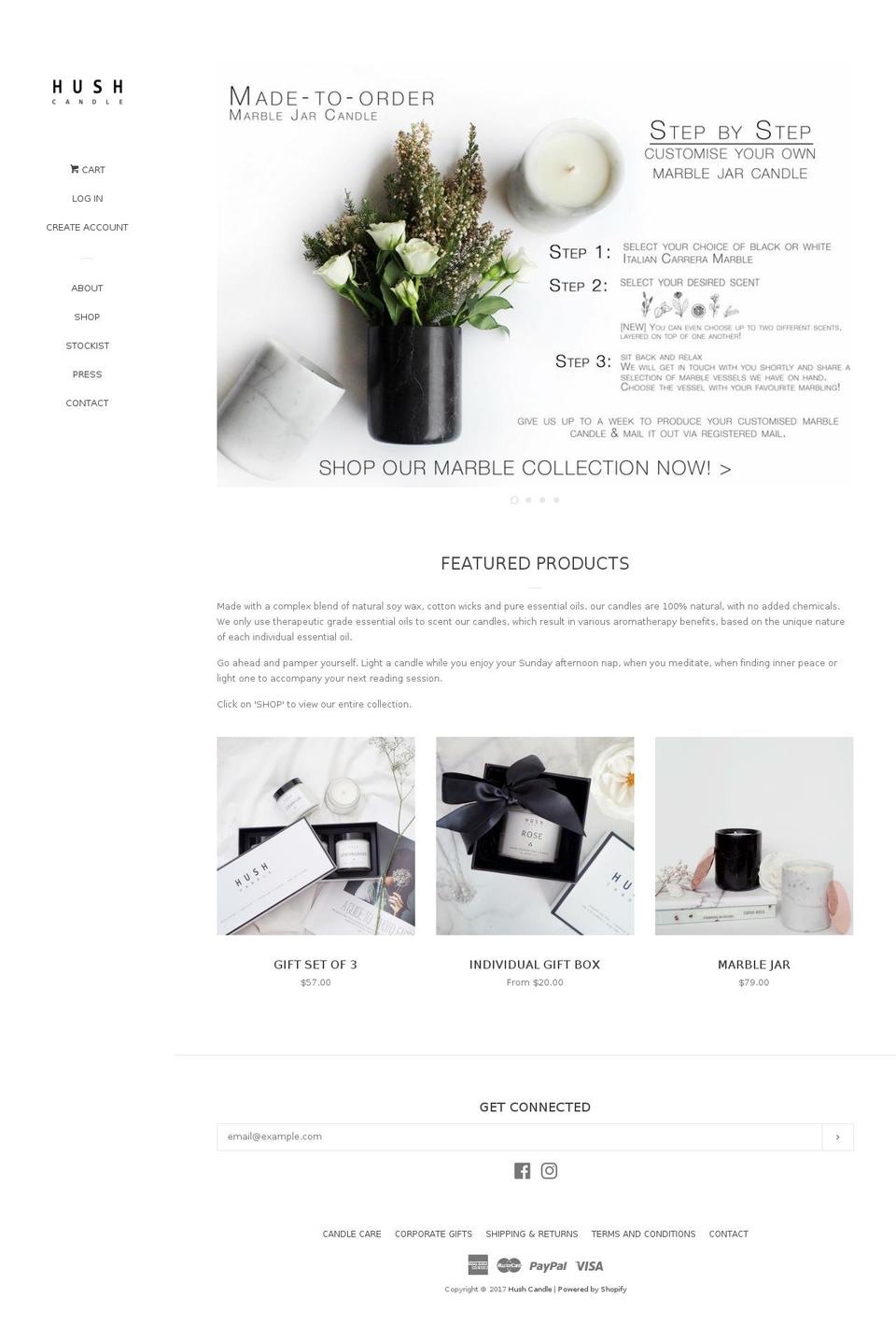 hushcandle.com shopify website screenshot