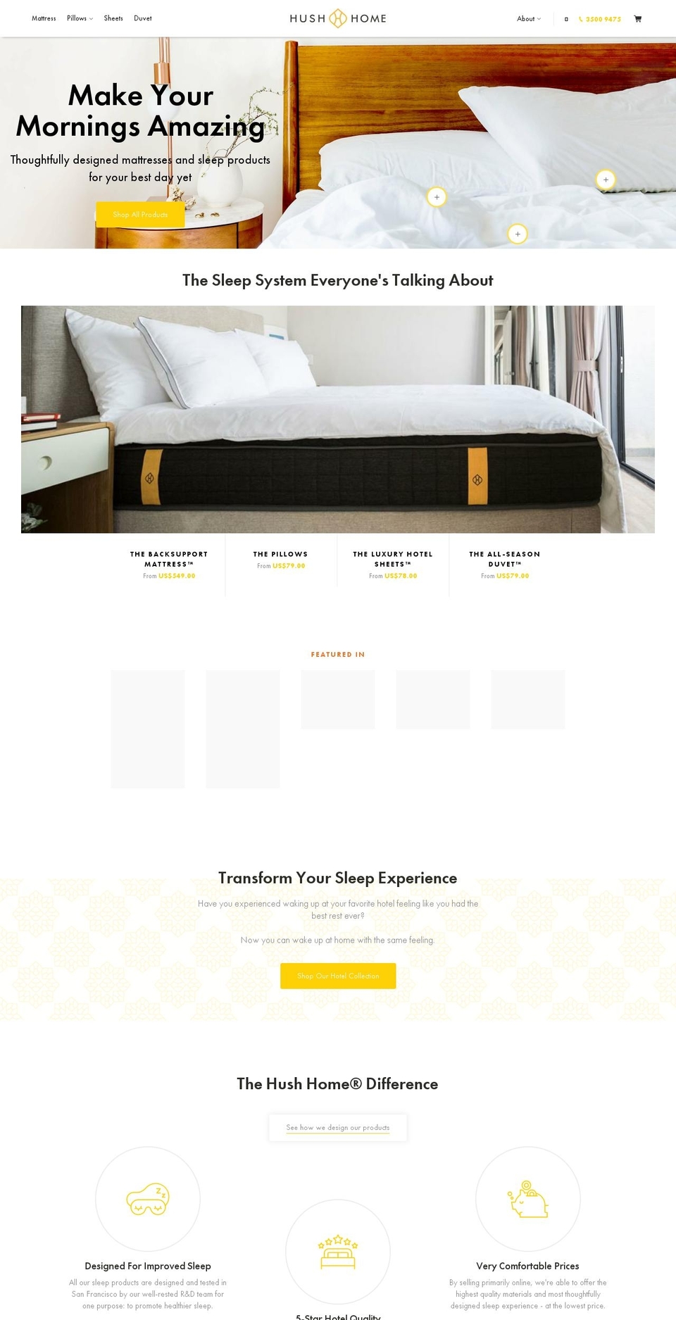 hushhome.com shopify website screenshot