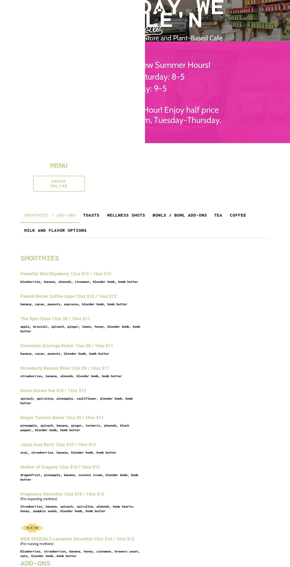 hustlesmoothiebar.com — Shopify storefront screenshot