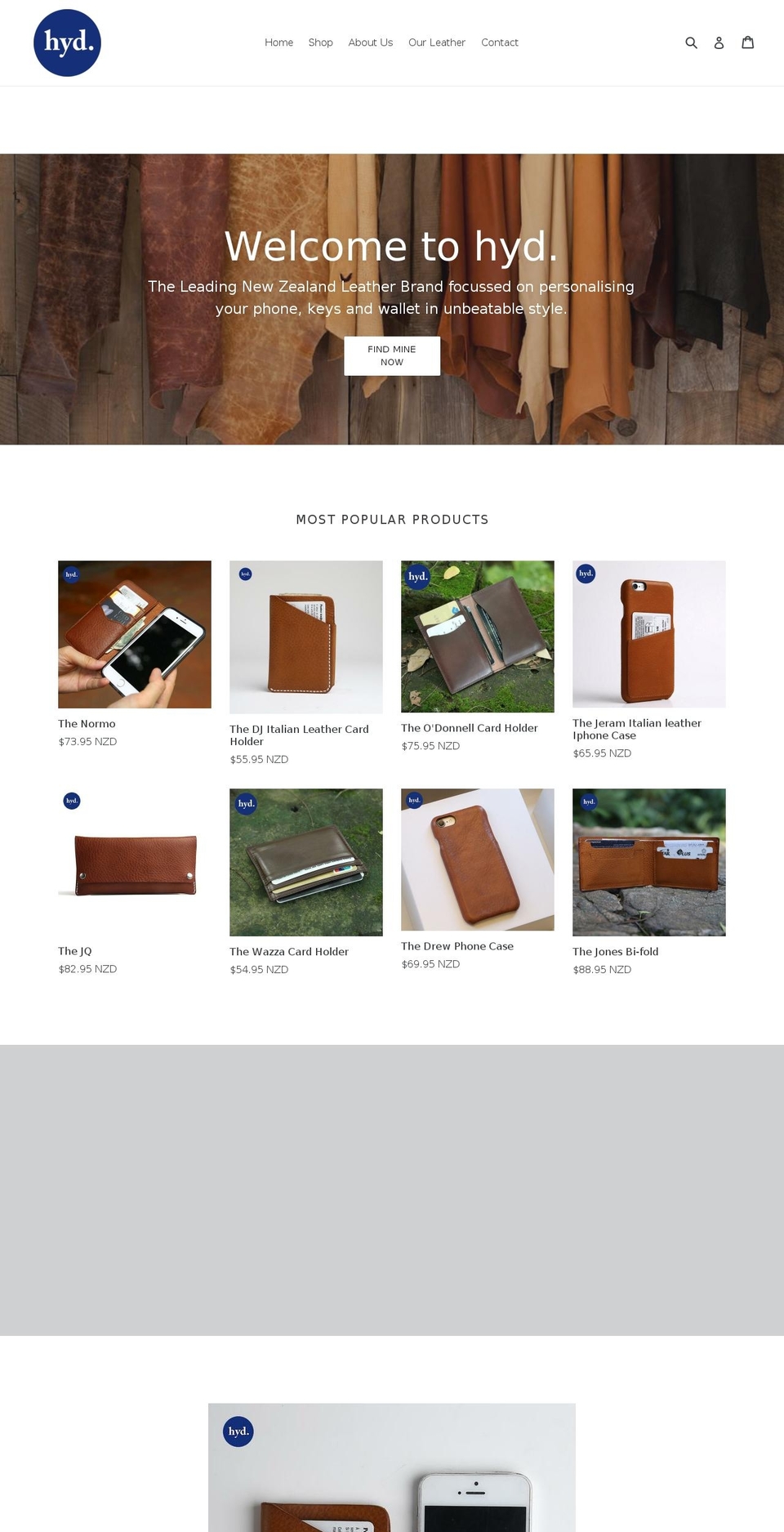 hydleather.com — Shopify storefront screenshot