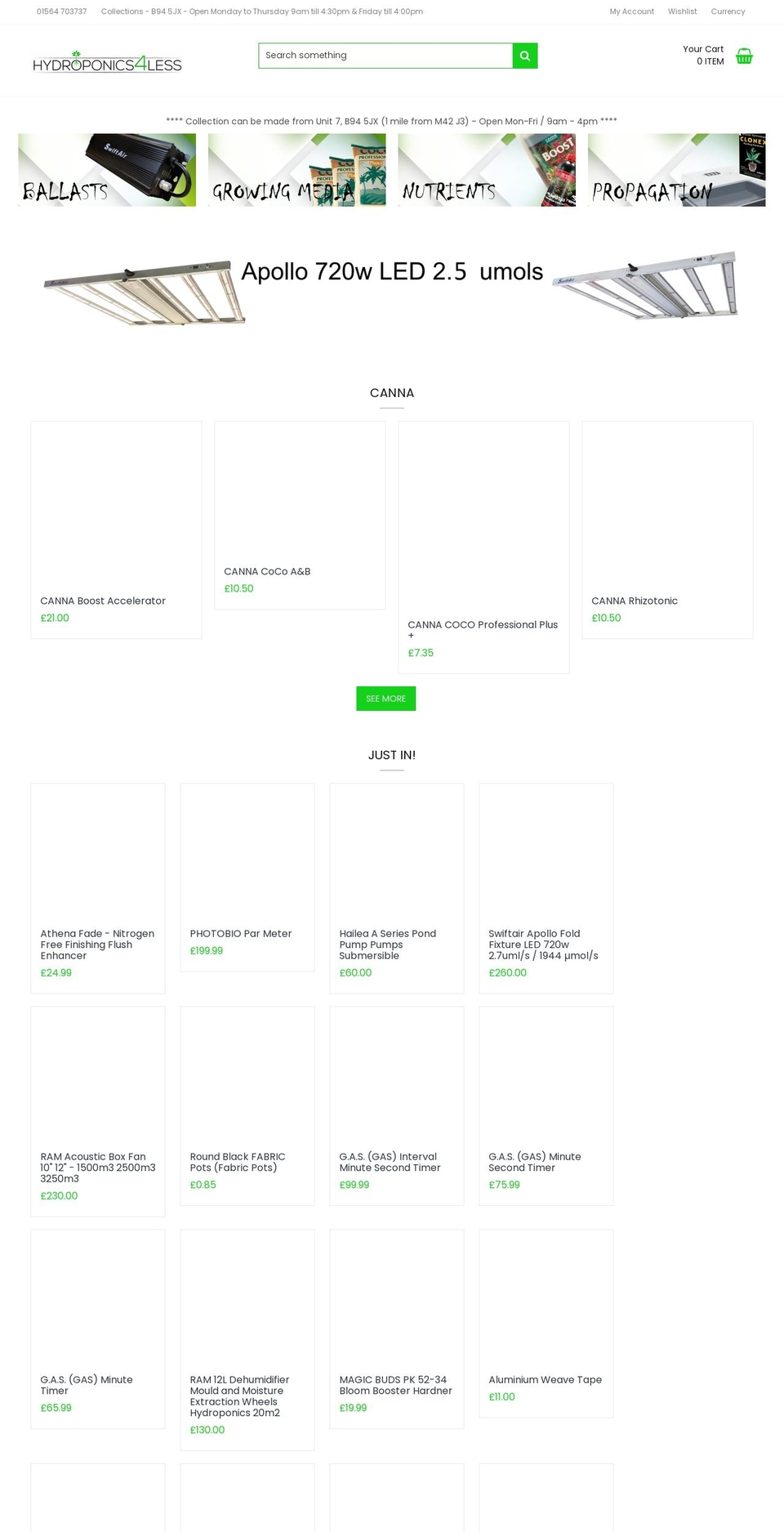 hydroponics4less.co.uk shopify website screenshot