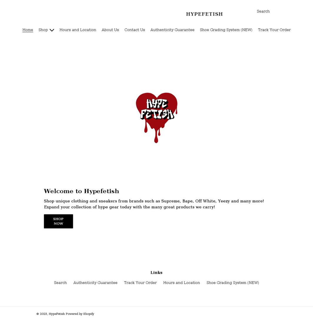 hypefetish.com shopify website screenshot