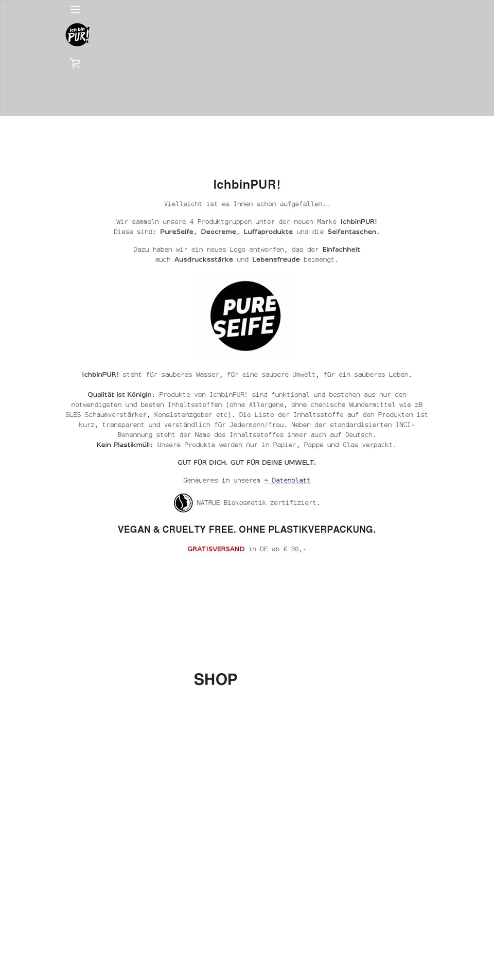 ichbinpur.com — Shopify storefront screenshot