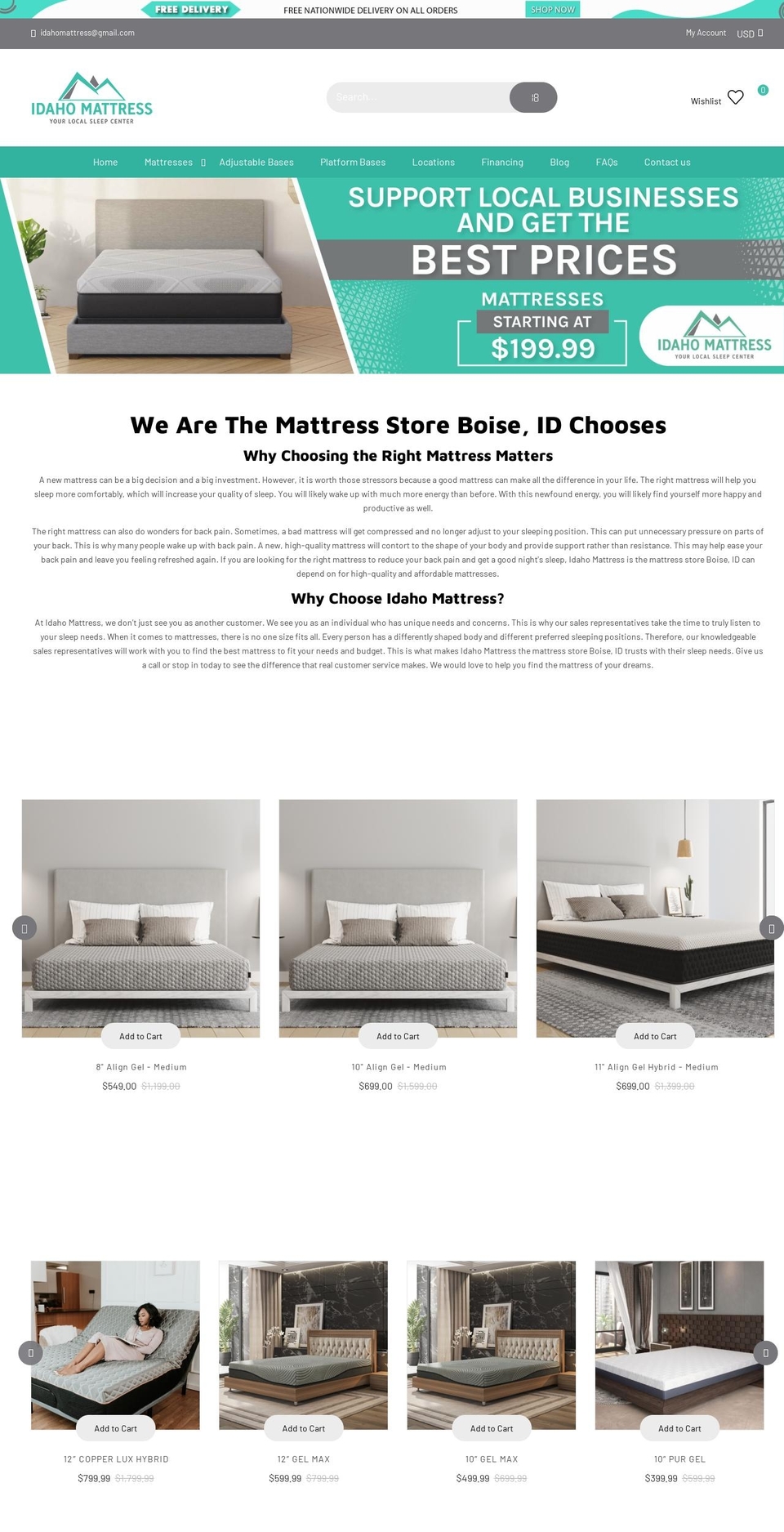 idaho-mattress.com shopify website screenshot