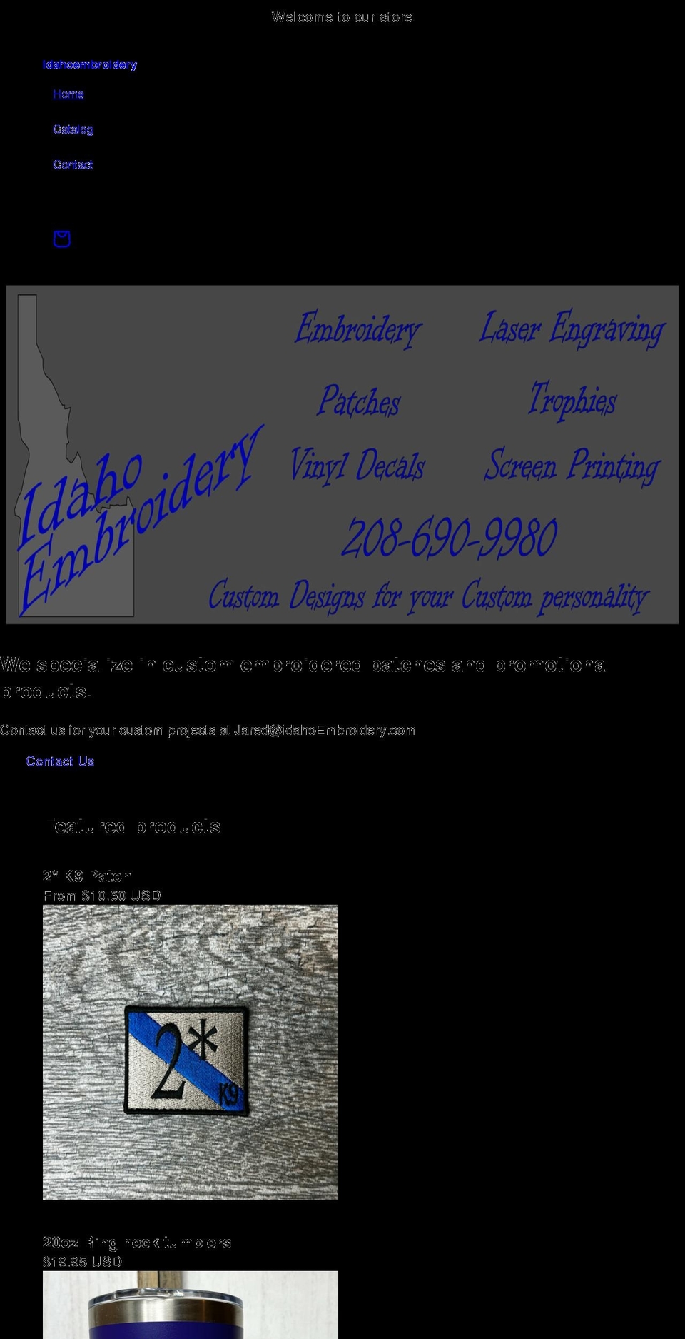 idahoembroidery.com shopify website screenshot