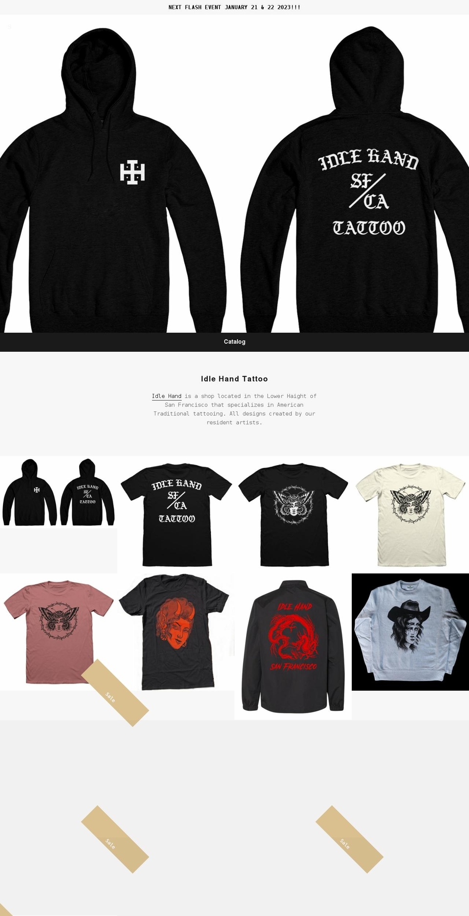 idlehandmerch.com shopify website screenshot