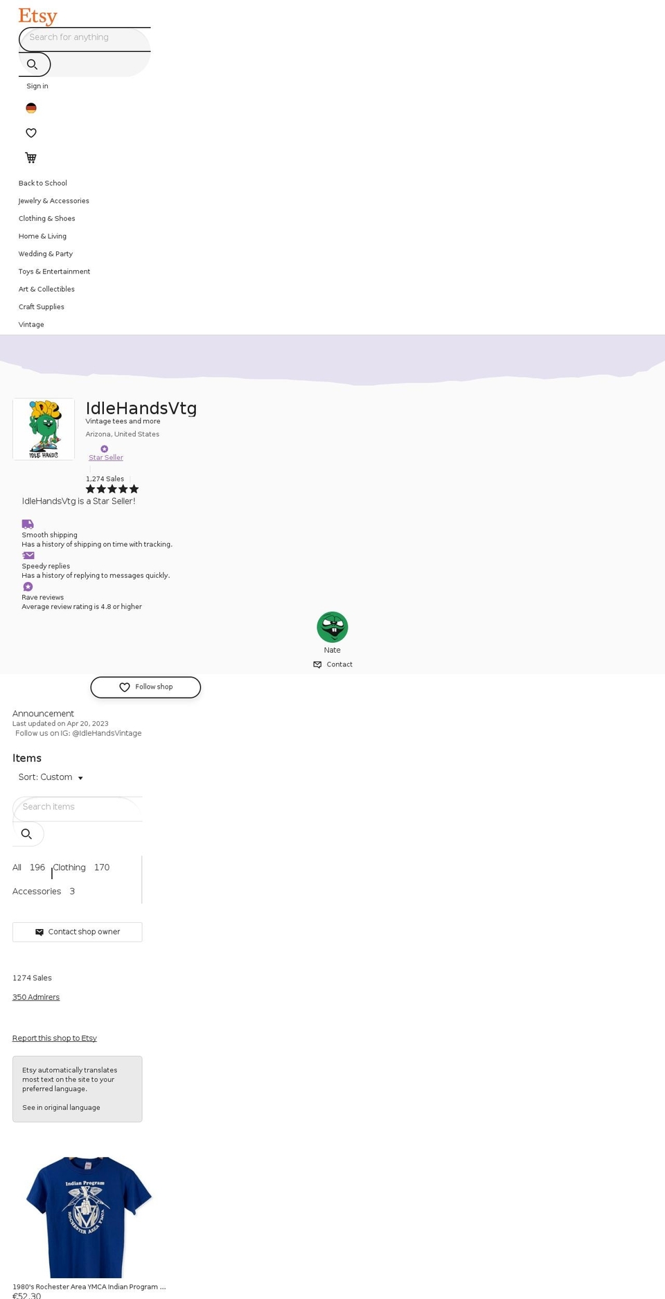 idlehandsvintage.com shopify website screenshot