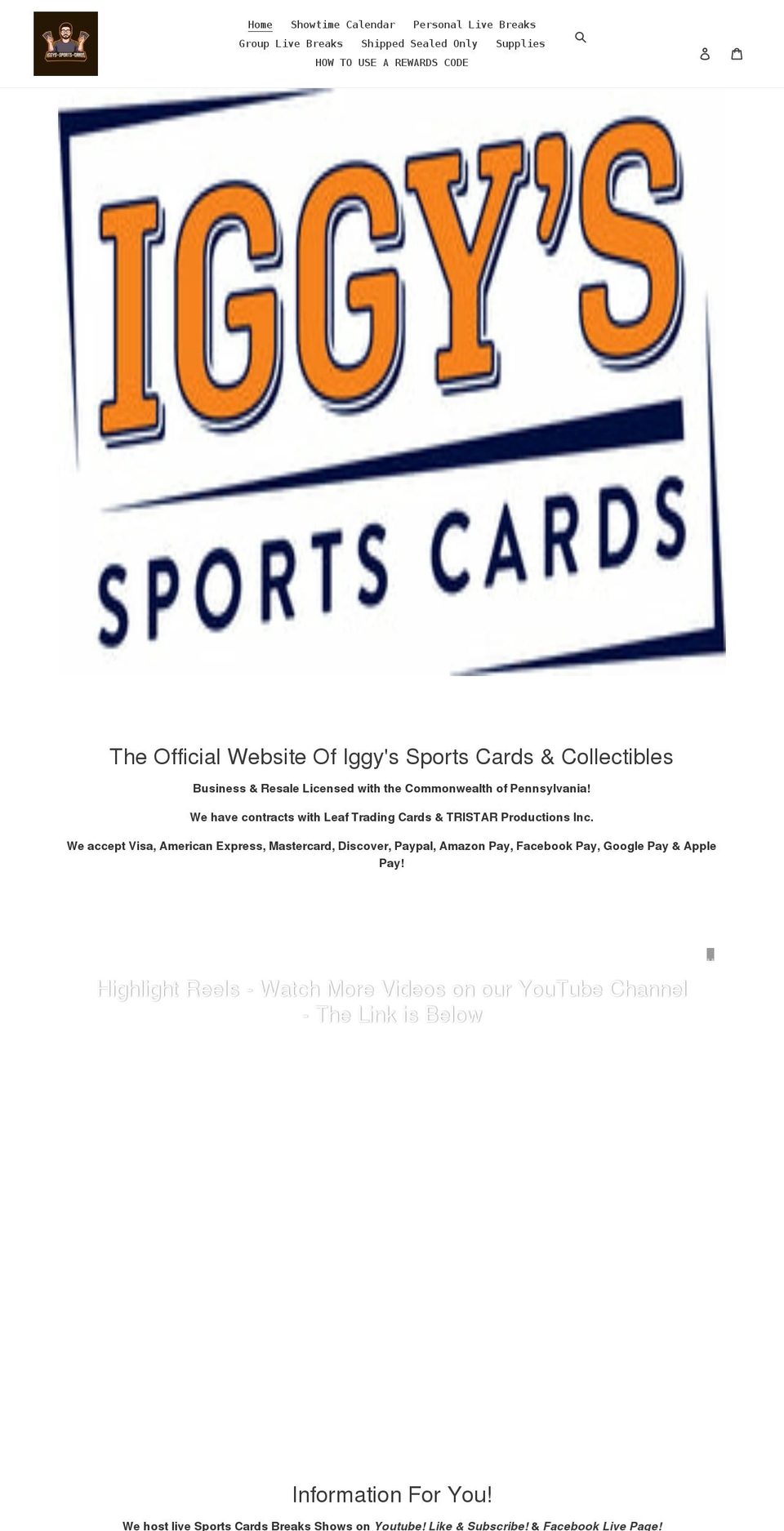 iggyssportscards.com shopify website screenshot