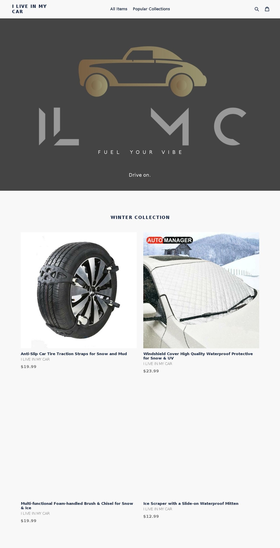 iliveinmycar.com — Shopify storefront screenshot