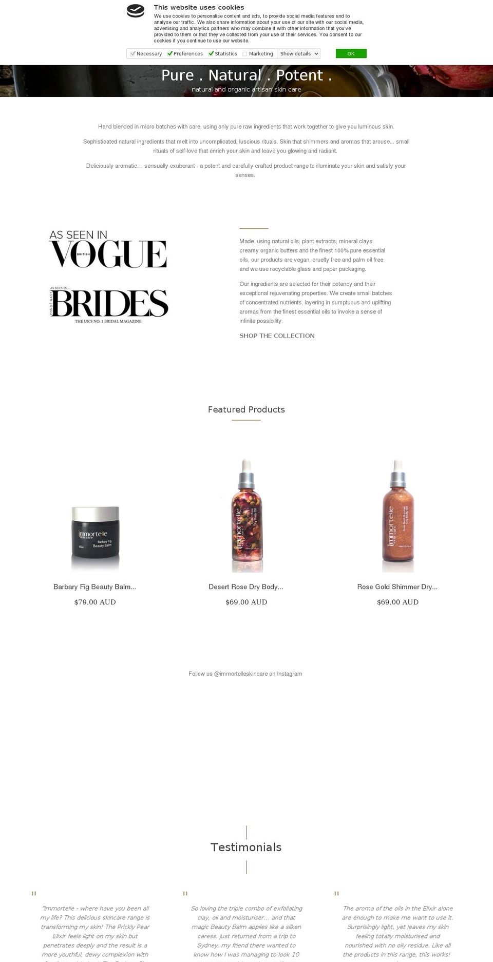 immortelleskincare.com — Shopify storefront screenshot