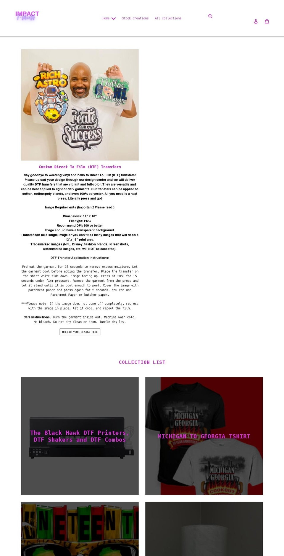 impactcustomstshirts.com shopify website screenshot