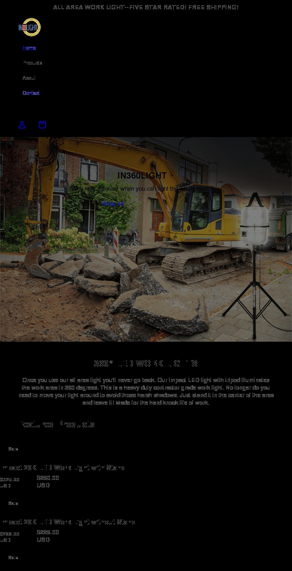 in360light.com shopify website screenshot