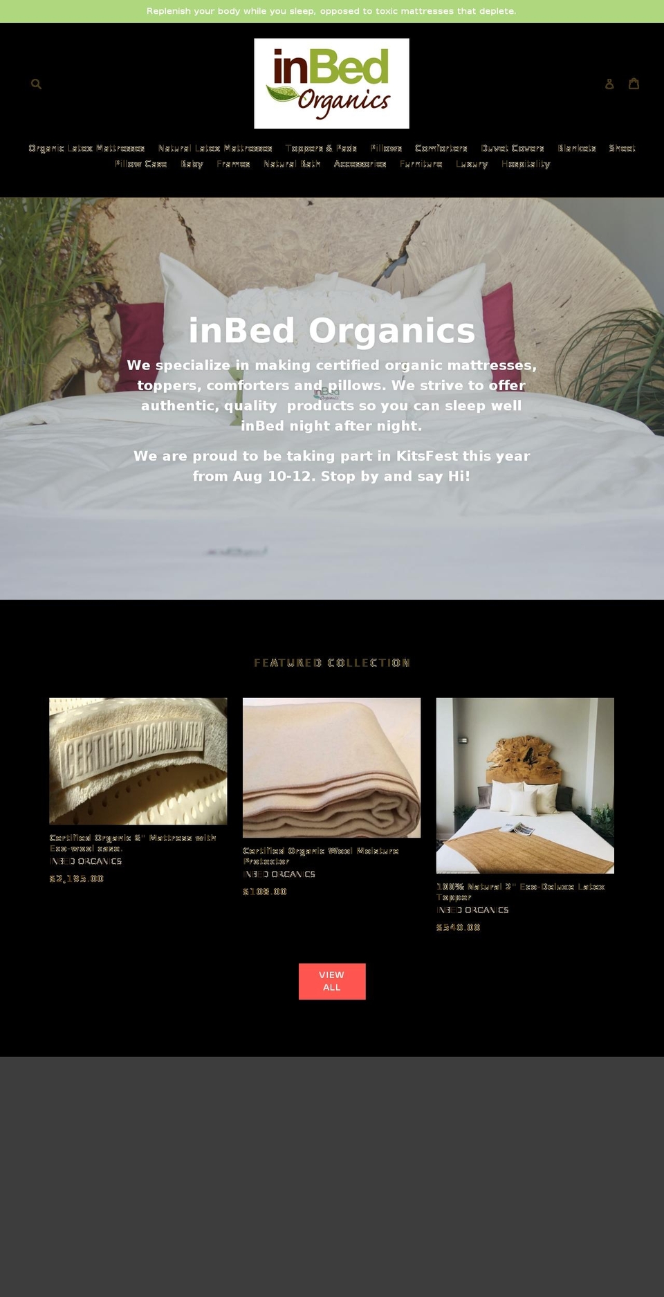 inbedorganics.ca shopify website screenshot