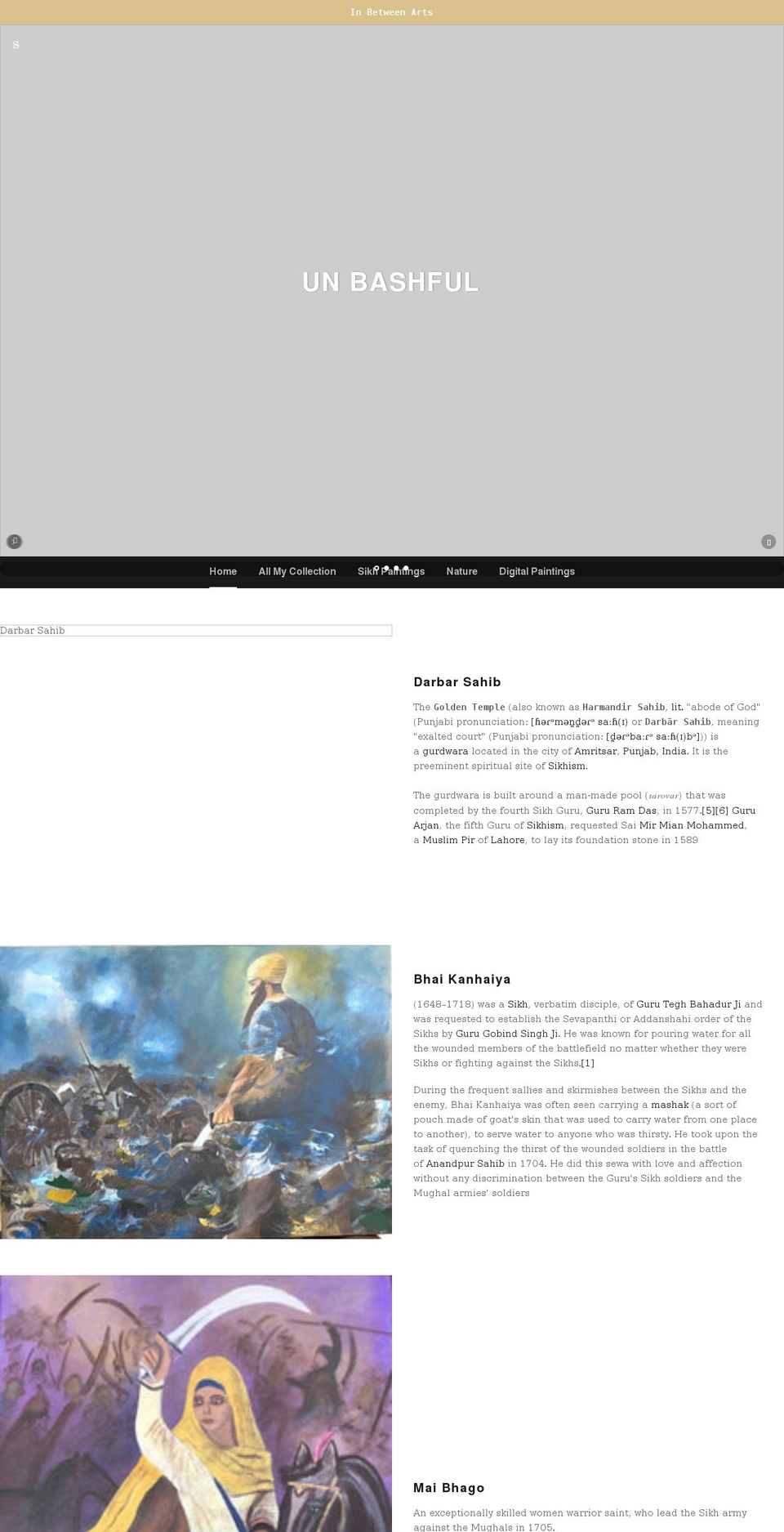 inbetweenarts.com shopify website screenshot