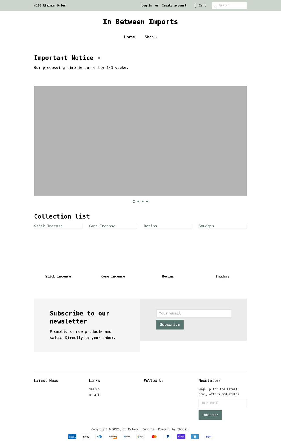 inbetweenimports.com shopify website screenshot