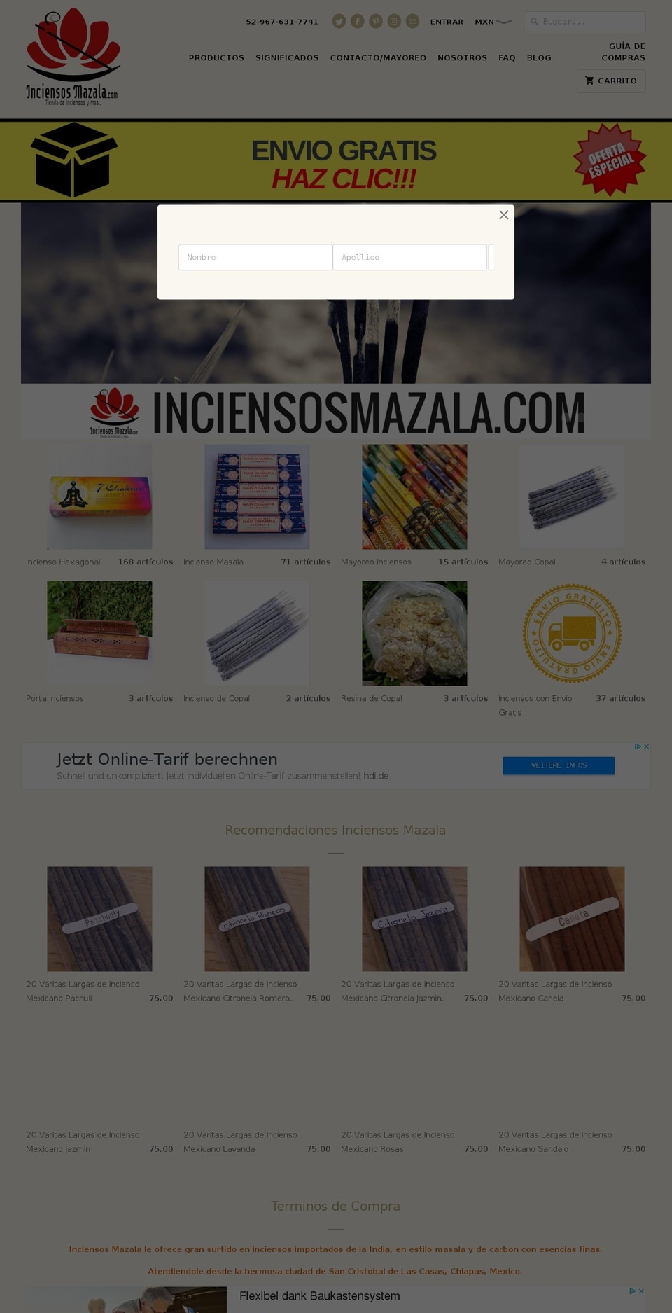 inciensosmazala.com shopify website screenshot