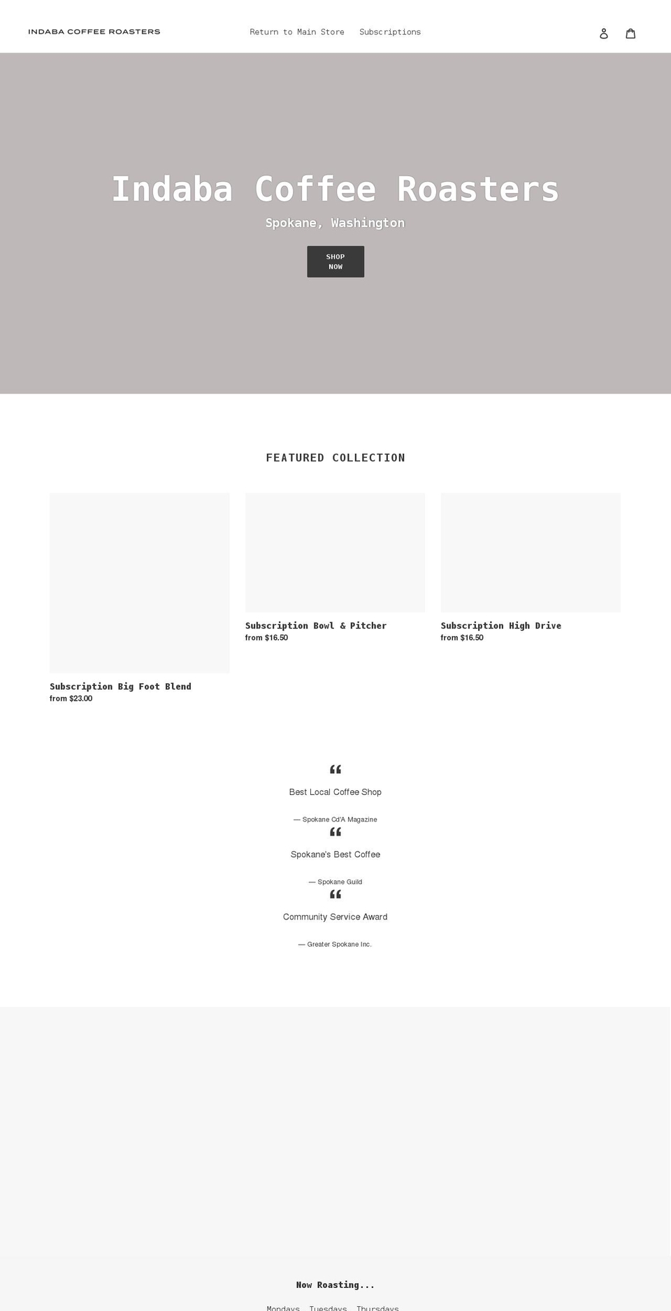indaba-coffee.myshopify.com shopify website screenshot