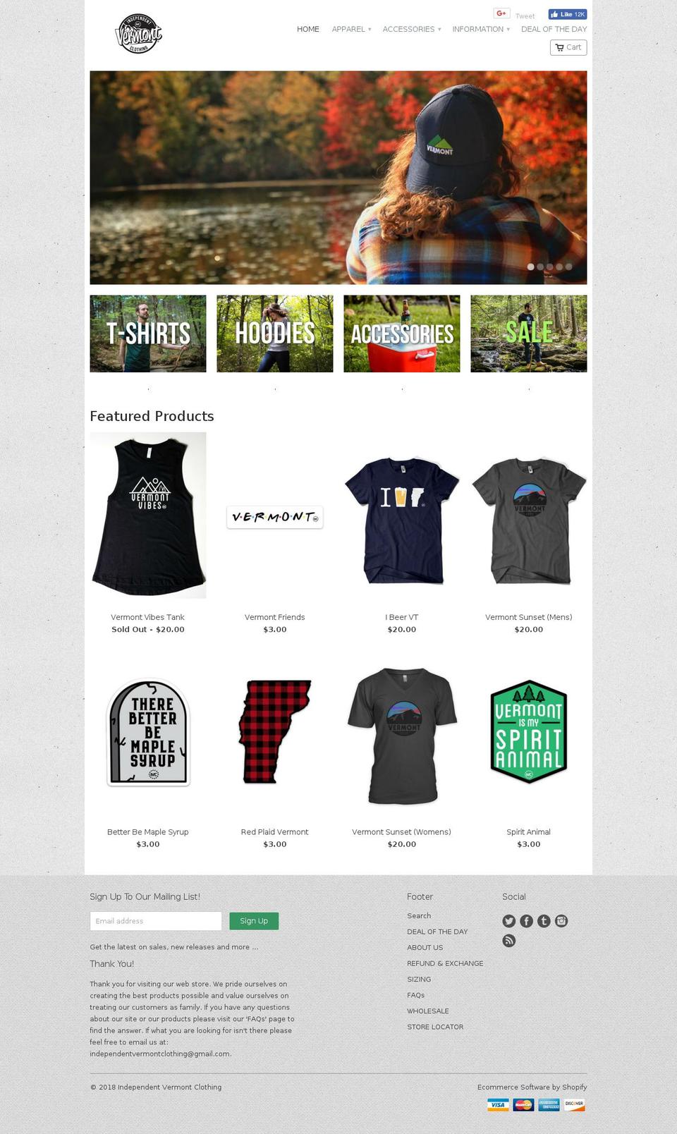 independentvermontclothing.com — Shopify storefront screenshot
