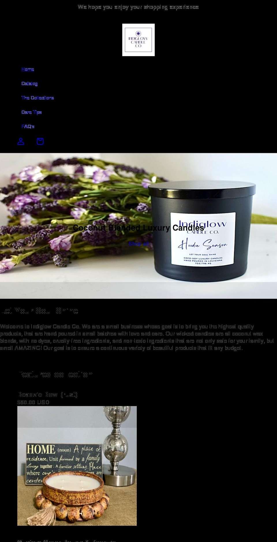 indiglowcandlecompany.com shopify website screenshot