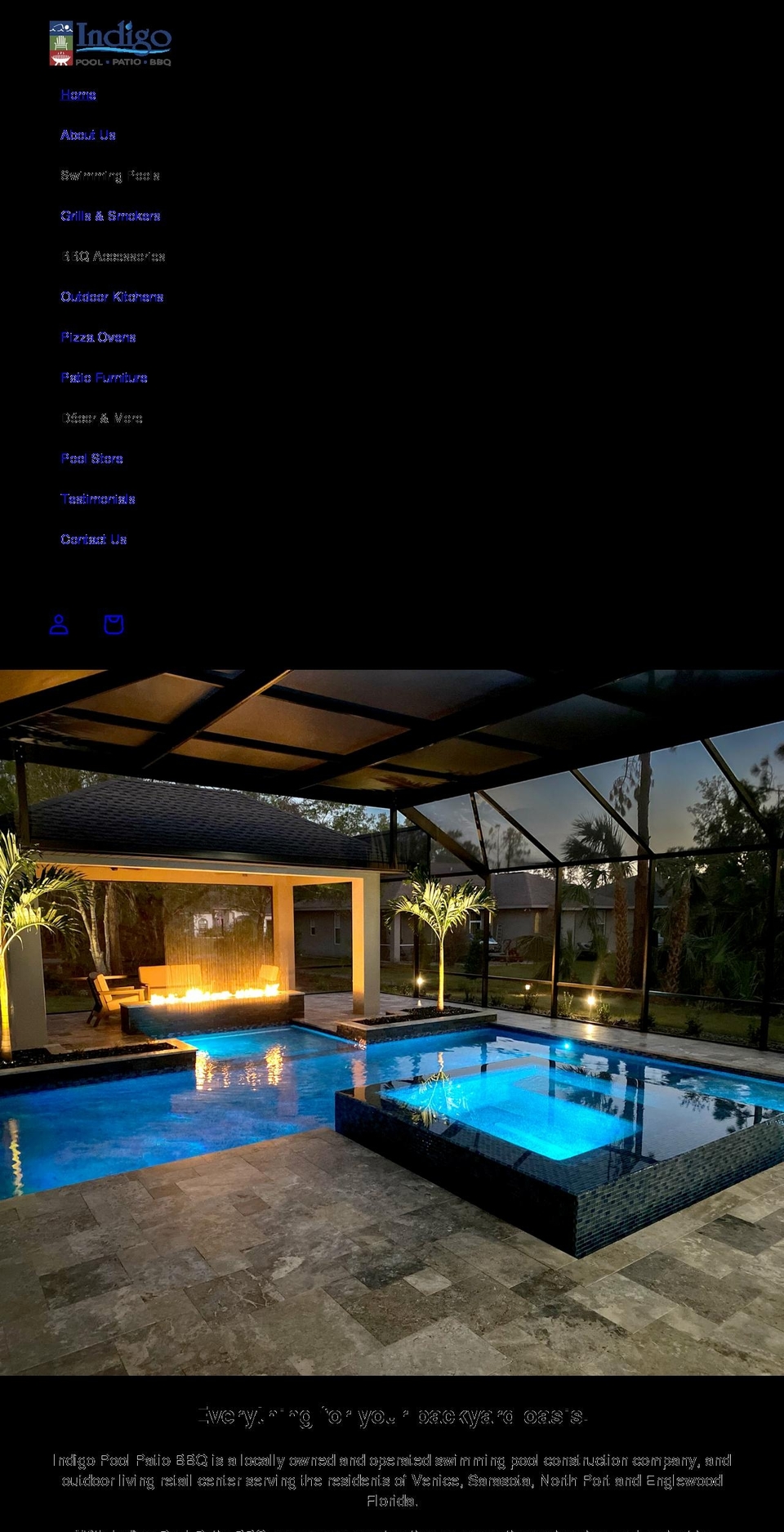 indigopoolpatiobbq.com shopify website screenshot