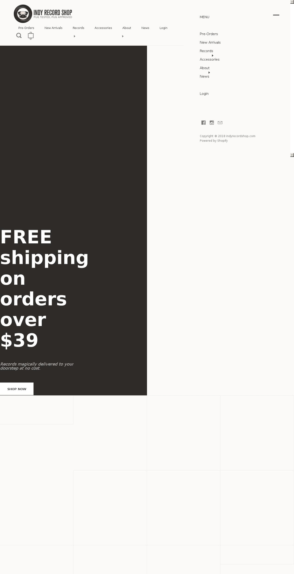 indyrecordshop.com shopify website screenshot