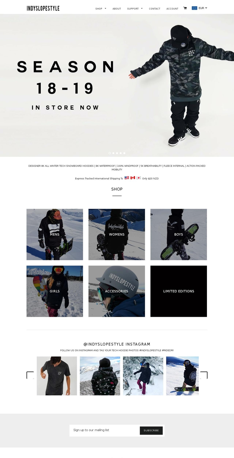 indysnowboarding.com — Shopify storefront screenshot