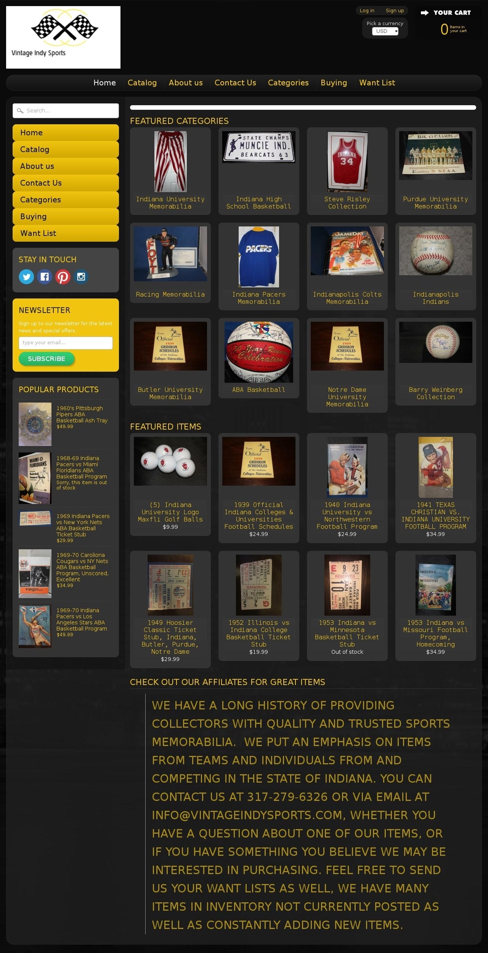 indyvintagesports.com — Shopify storefront screenshot