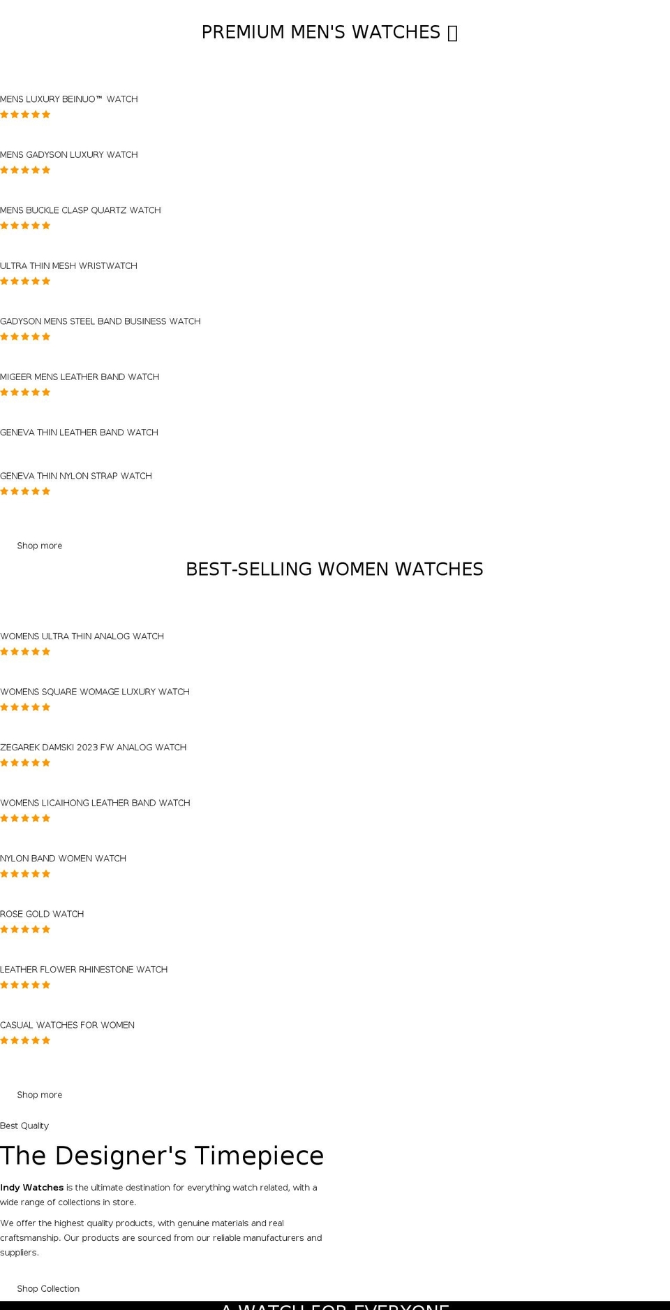indywatches.com shopify website screenshot