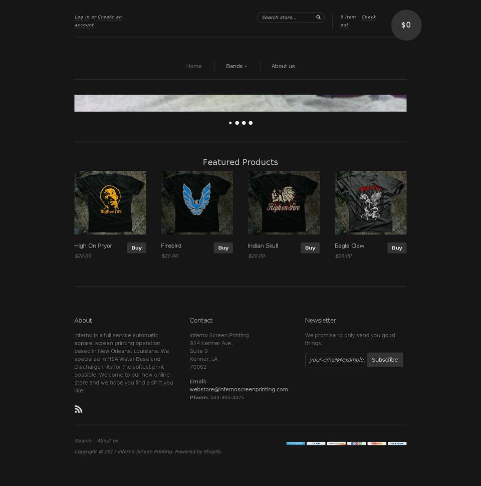 infernomerchstore.com shopify website screenshot