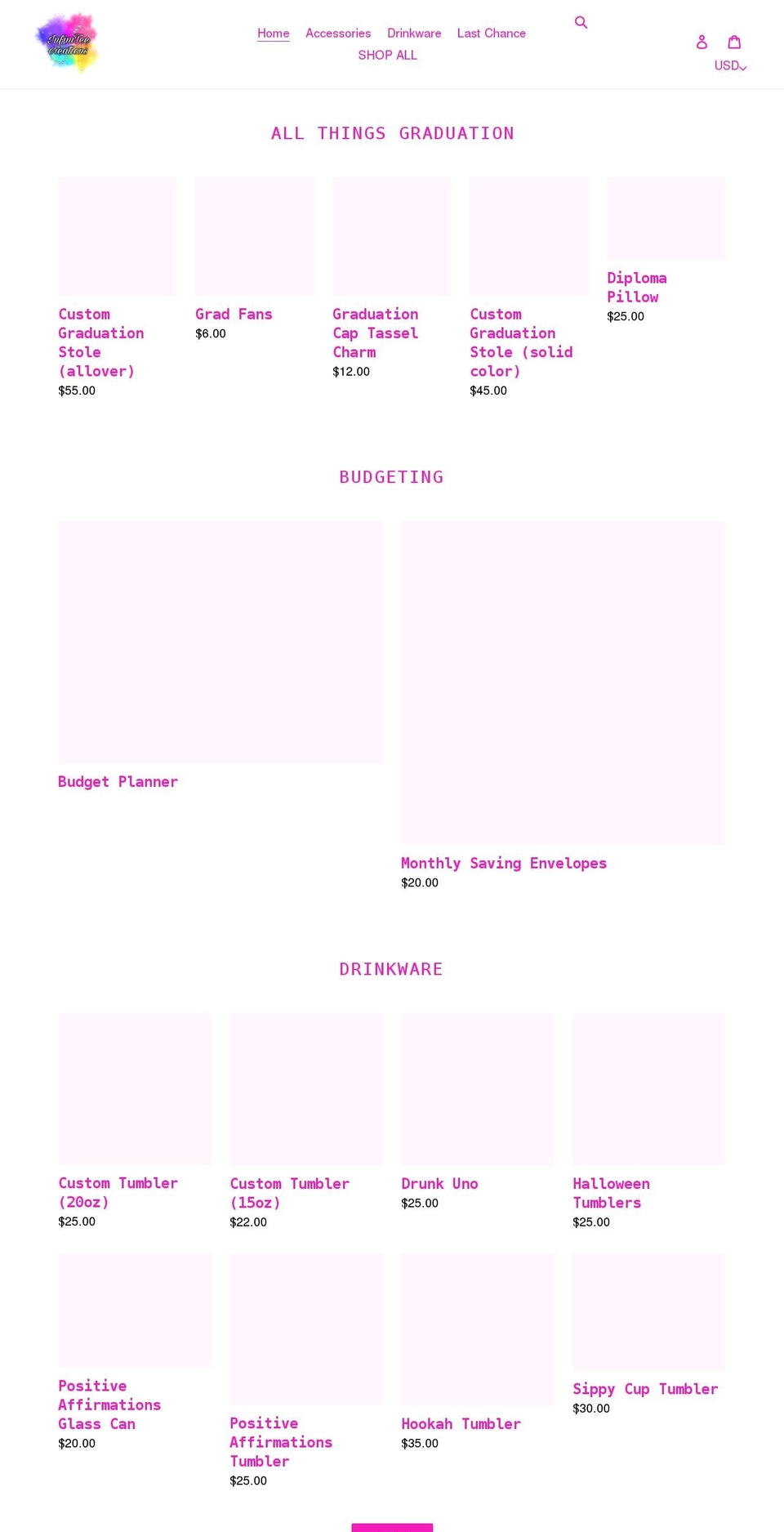 infiniteecreations.com shopify website screenshot