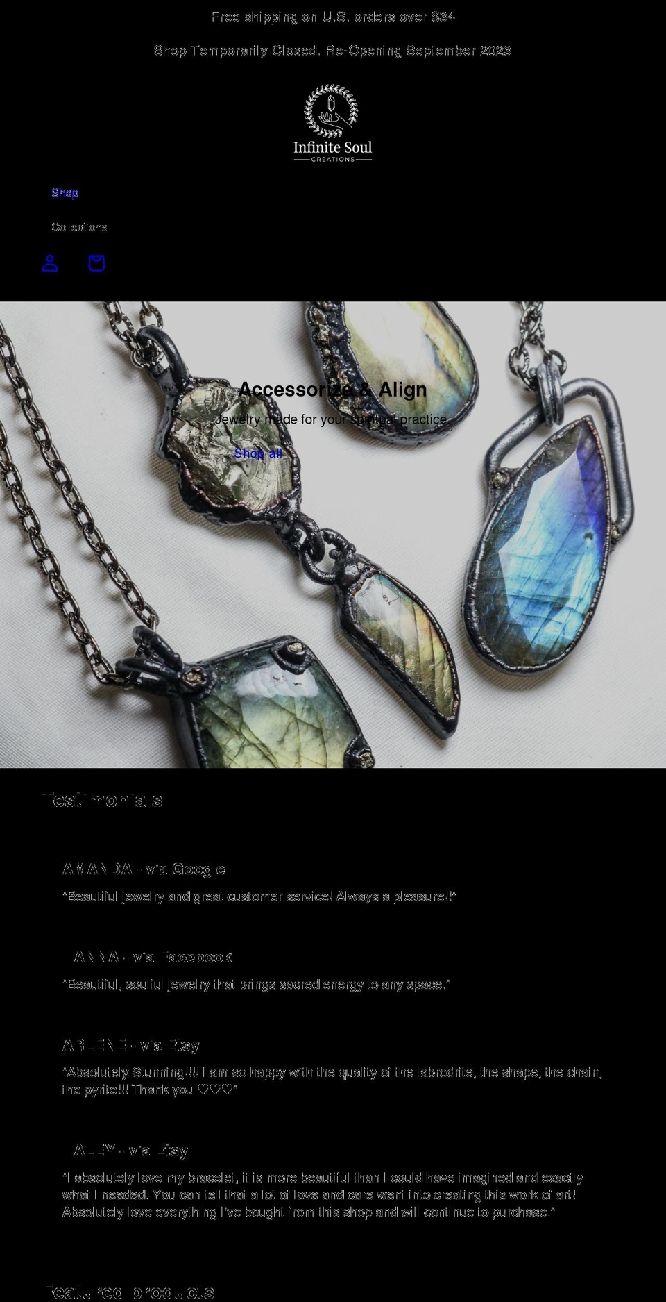 infinitesoulcreations.com shopify website screenshot