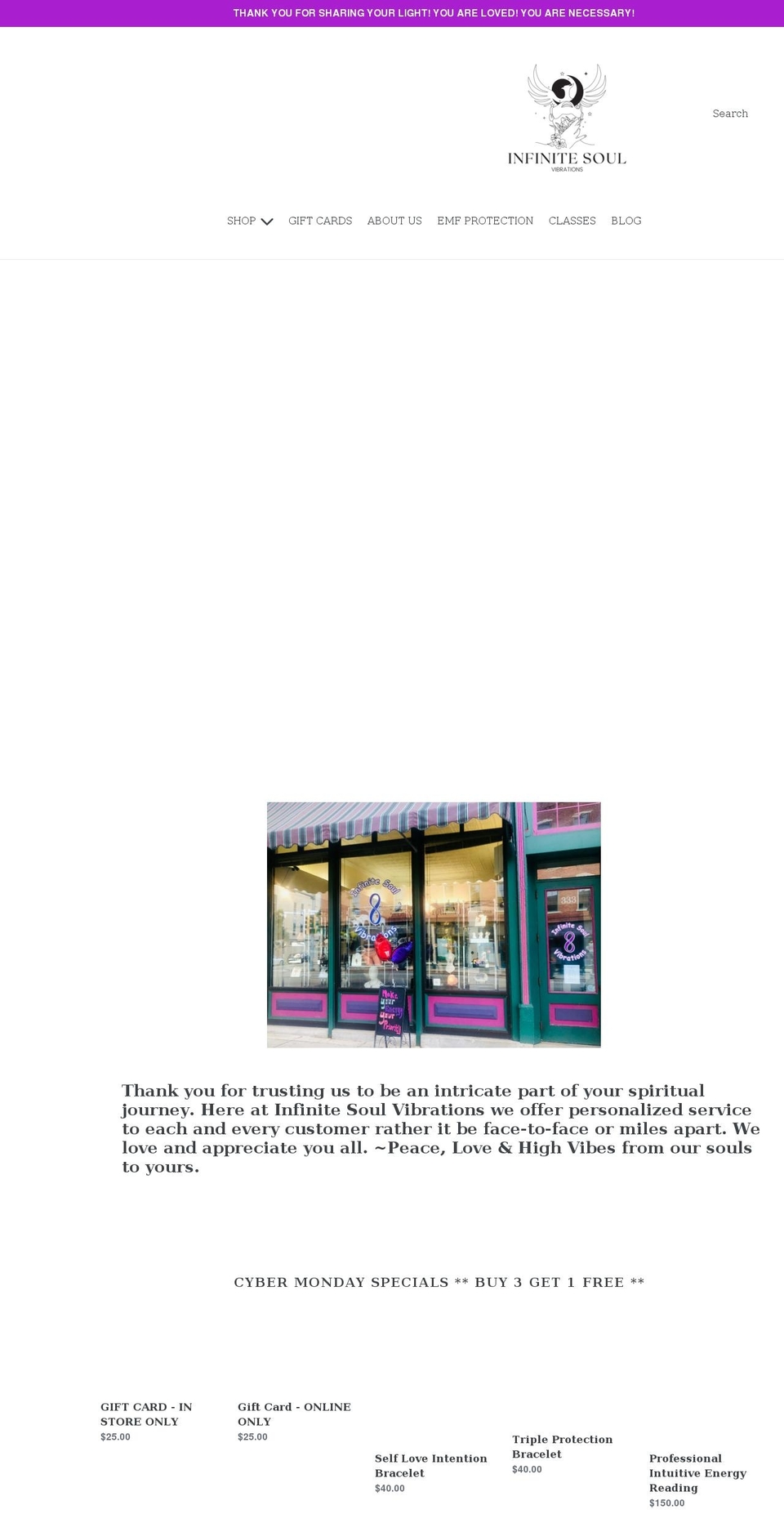 infinitesoulvibrations.com shopify website screenshot