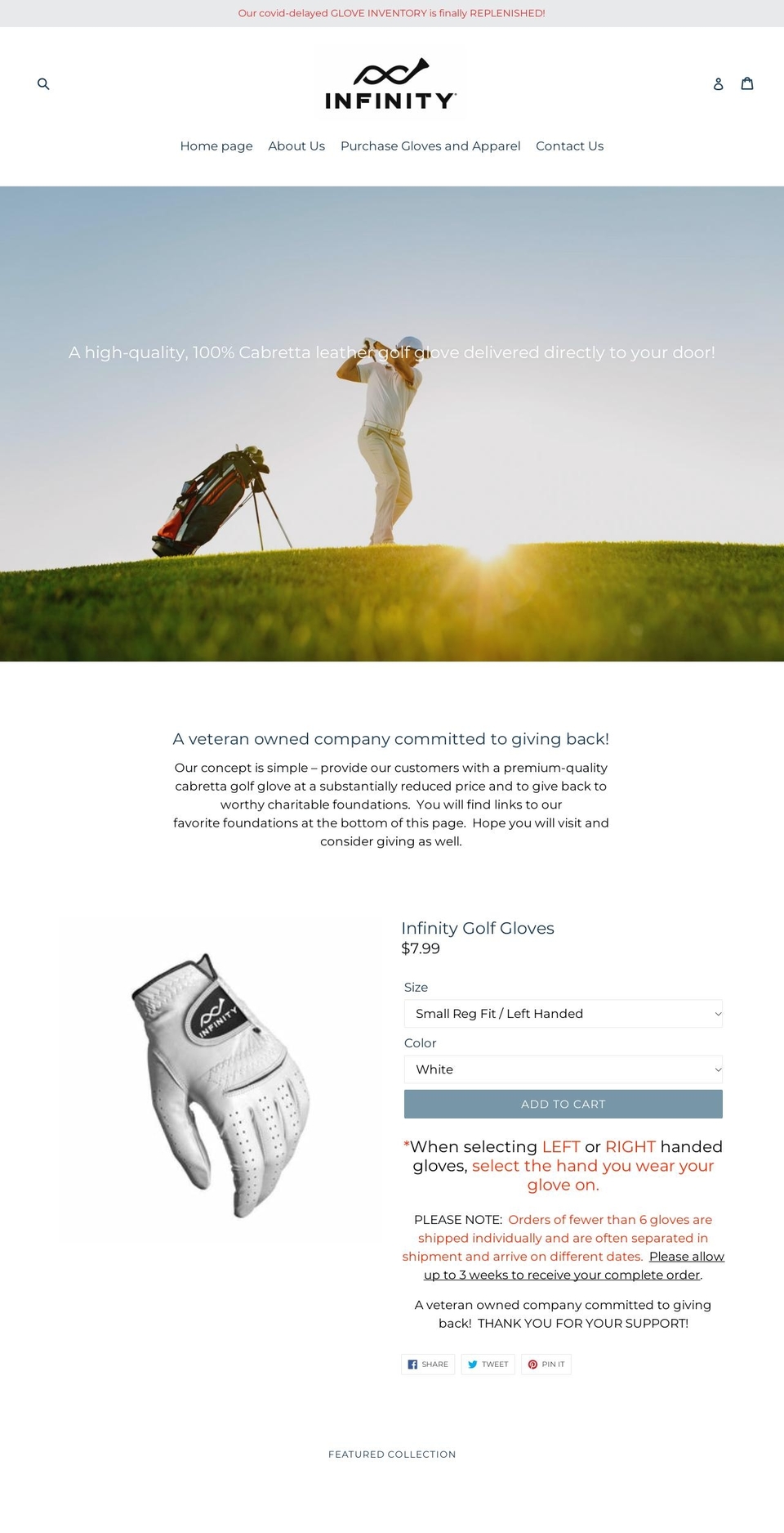 infinitygolfglove.com shopify website screenshot