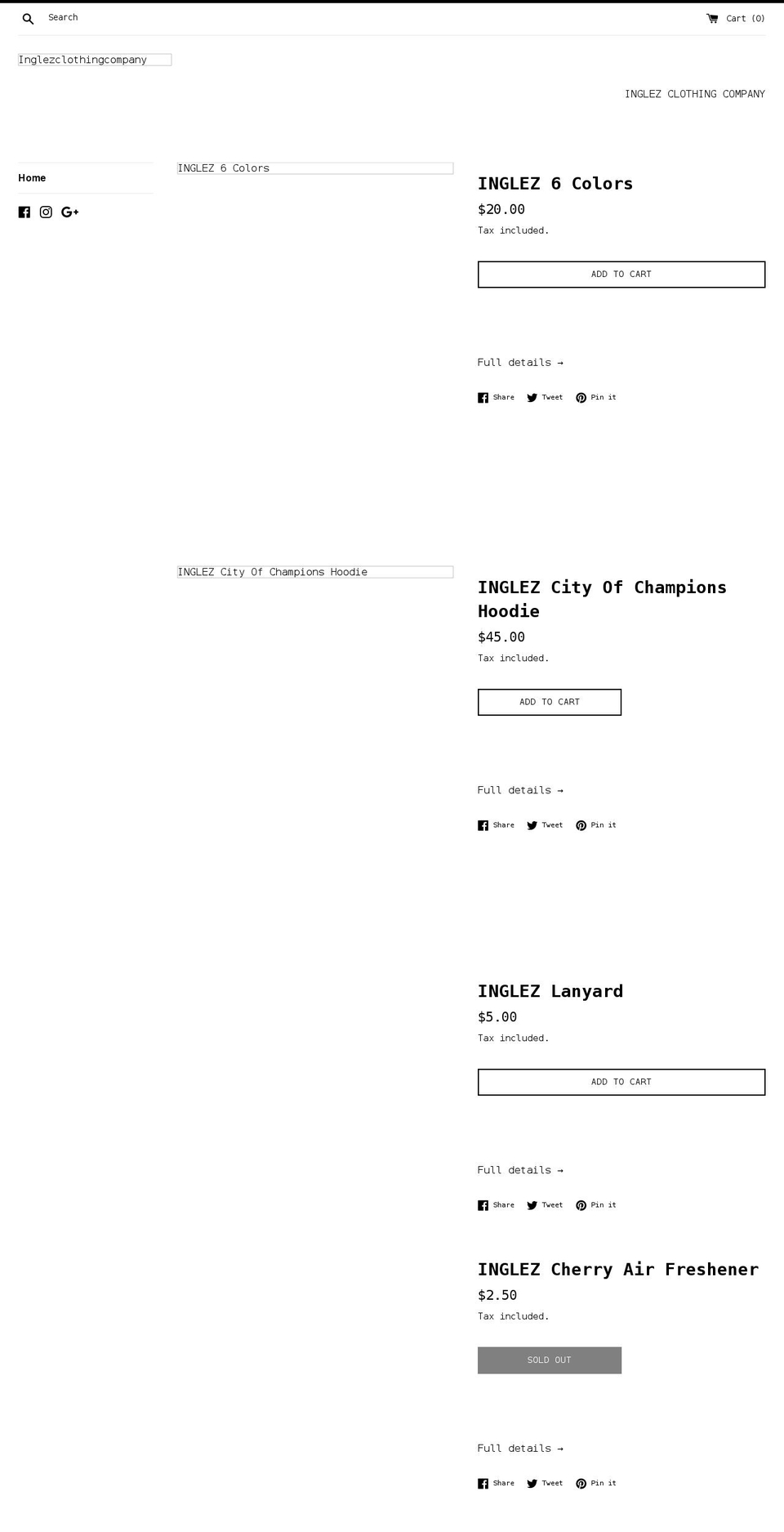 inglezclothingco.com shopify website screenshot
