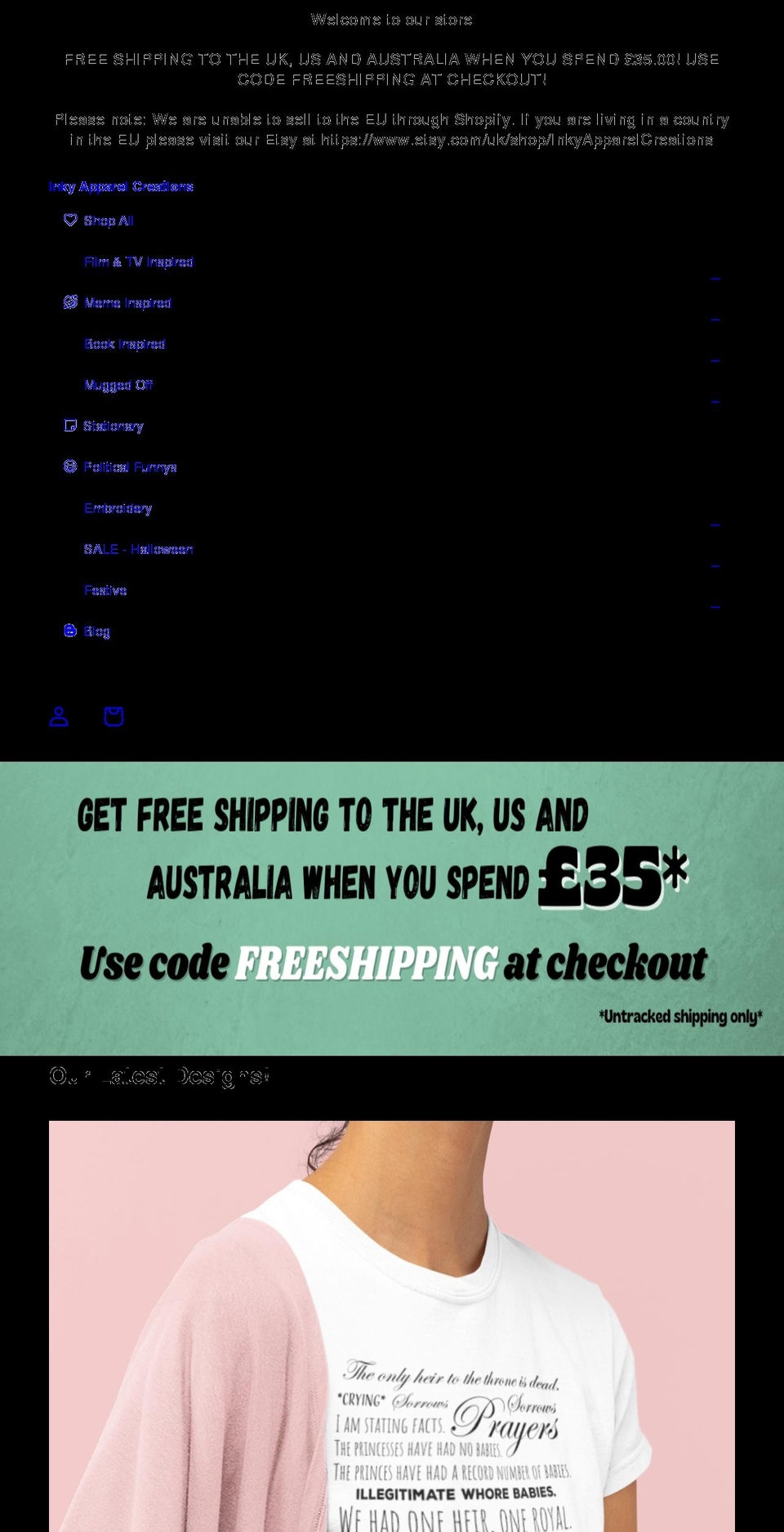 inkyapparelcreations.com shopify website screenshot