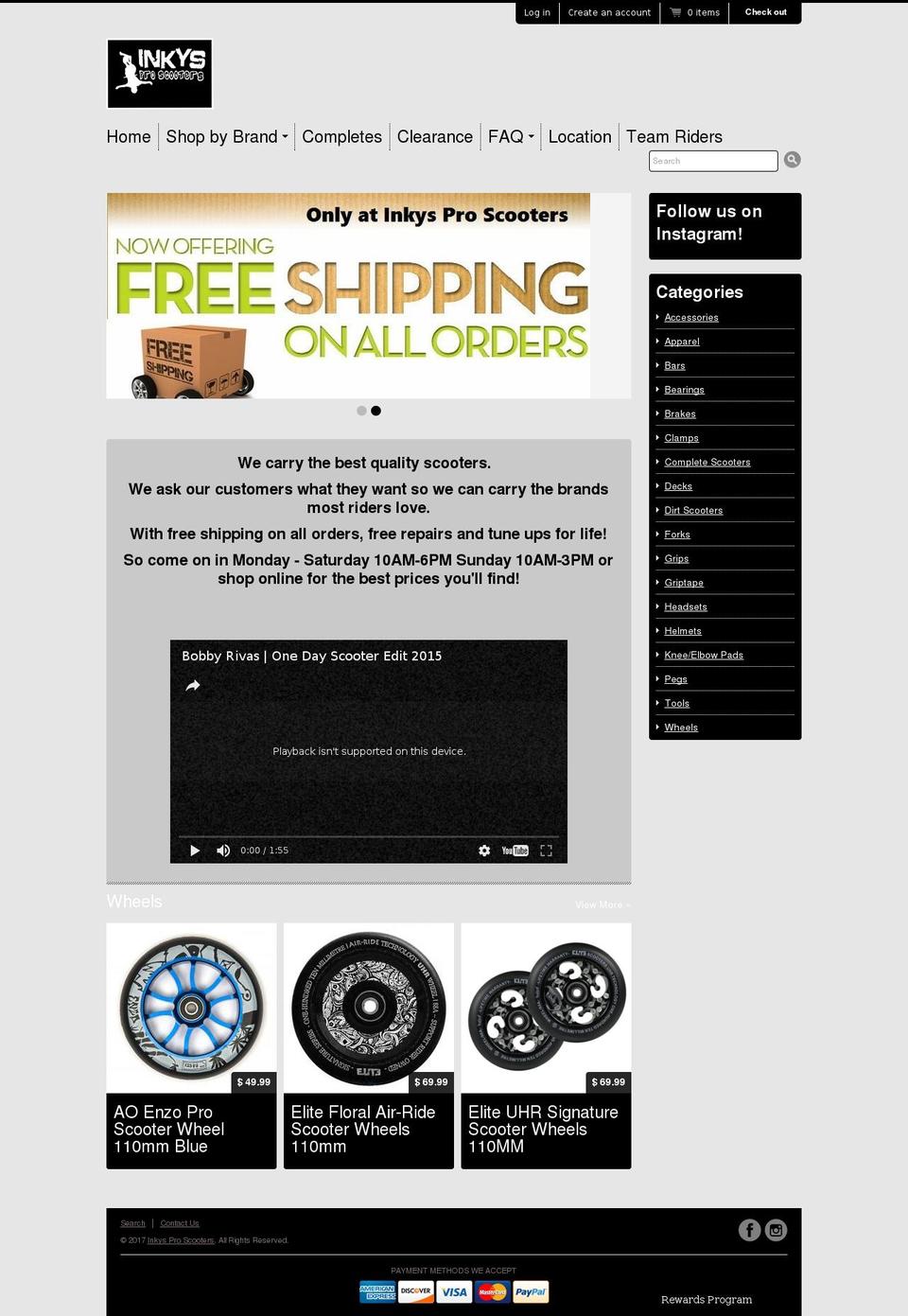 inkysproscooters.com shopify website screenshot