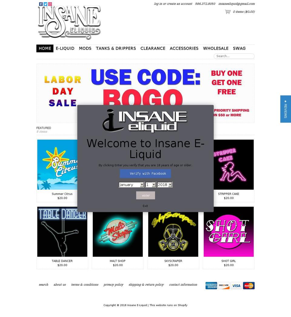 insaneeliquid.com shopify website screenshot