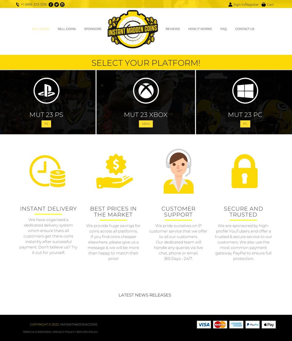 instantmaddencoins.com shopify website screenshot