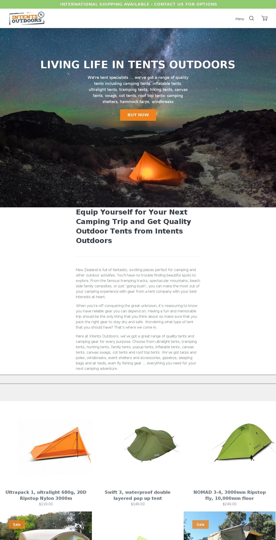 intentsoutdoors.co.nz shopify website screenshot