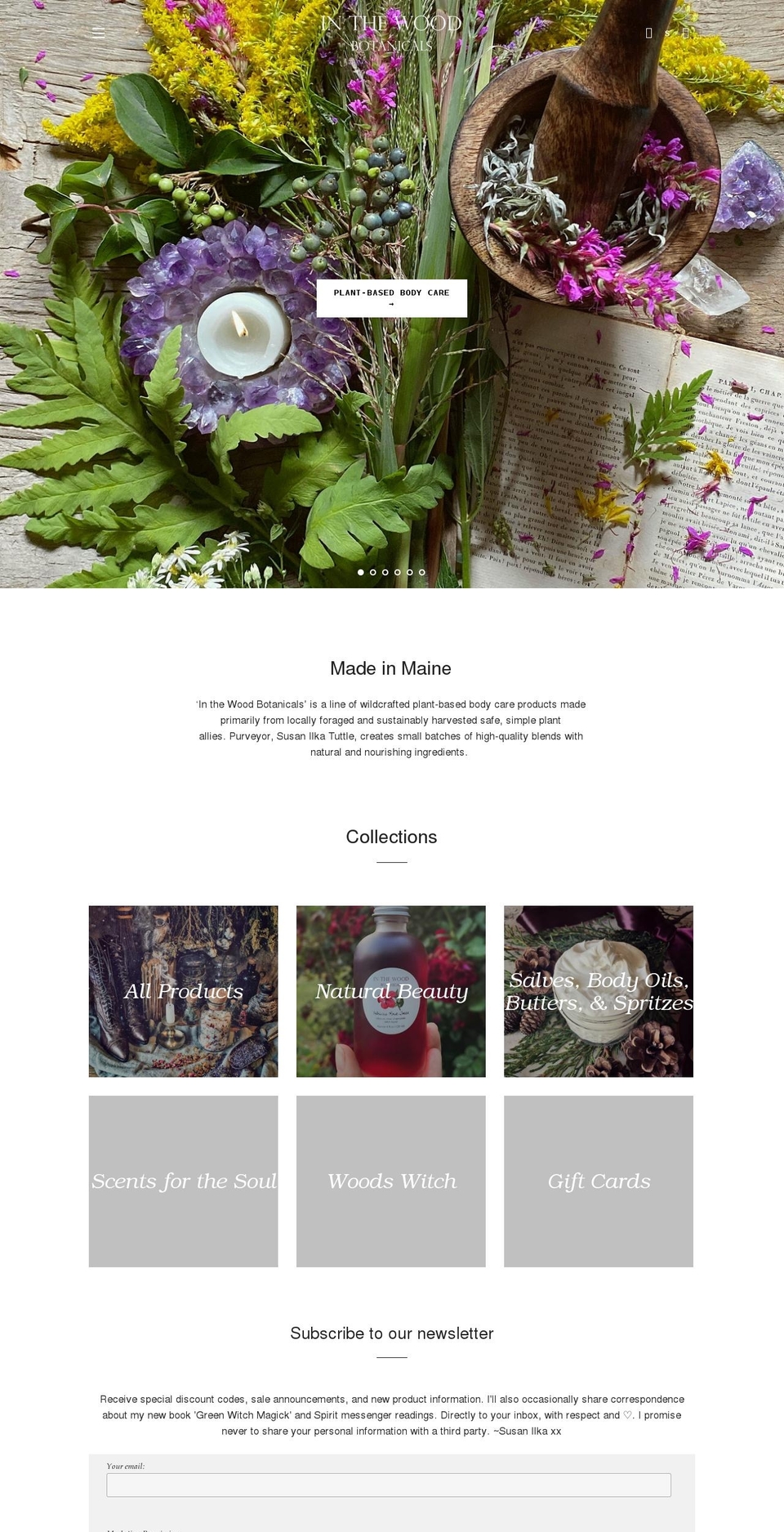 inthewoodbotanicals.com shopify website screenshot