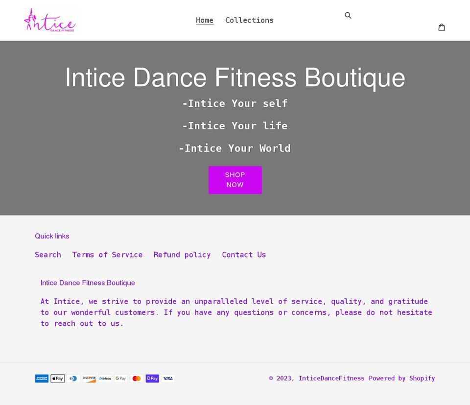 inticedancefitnessboutique.com shopify website screenshot