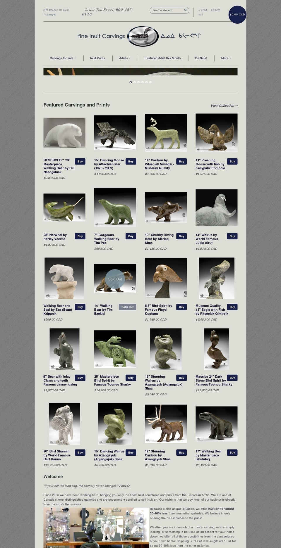 inuitcarvings.ca shopify website screenshot