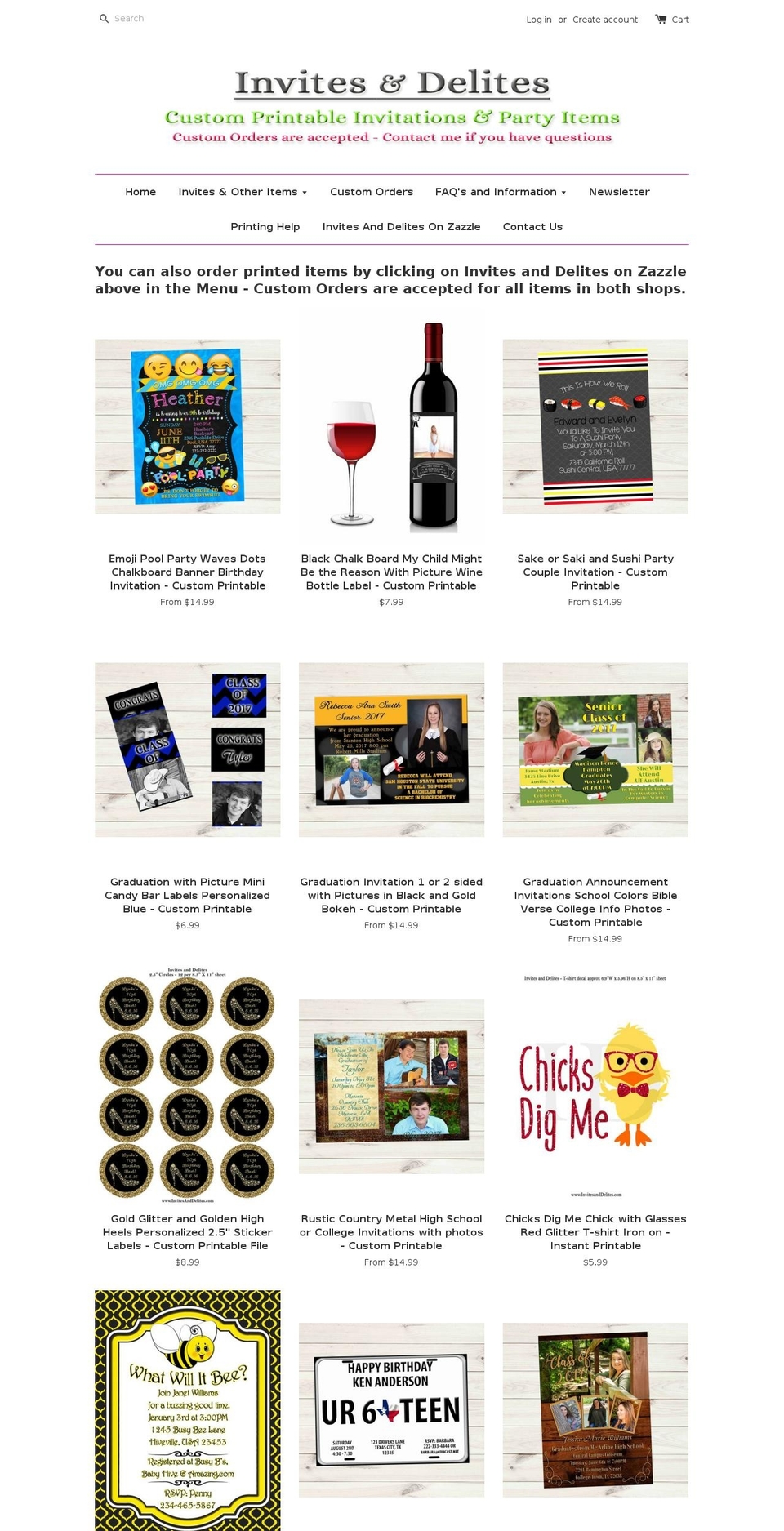 invitesanddelites.com shopify website screenshot