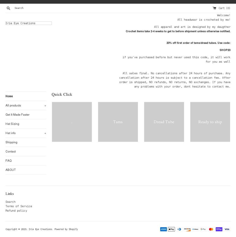irieeyecreations.com shopify website screenshot