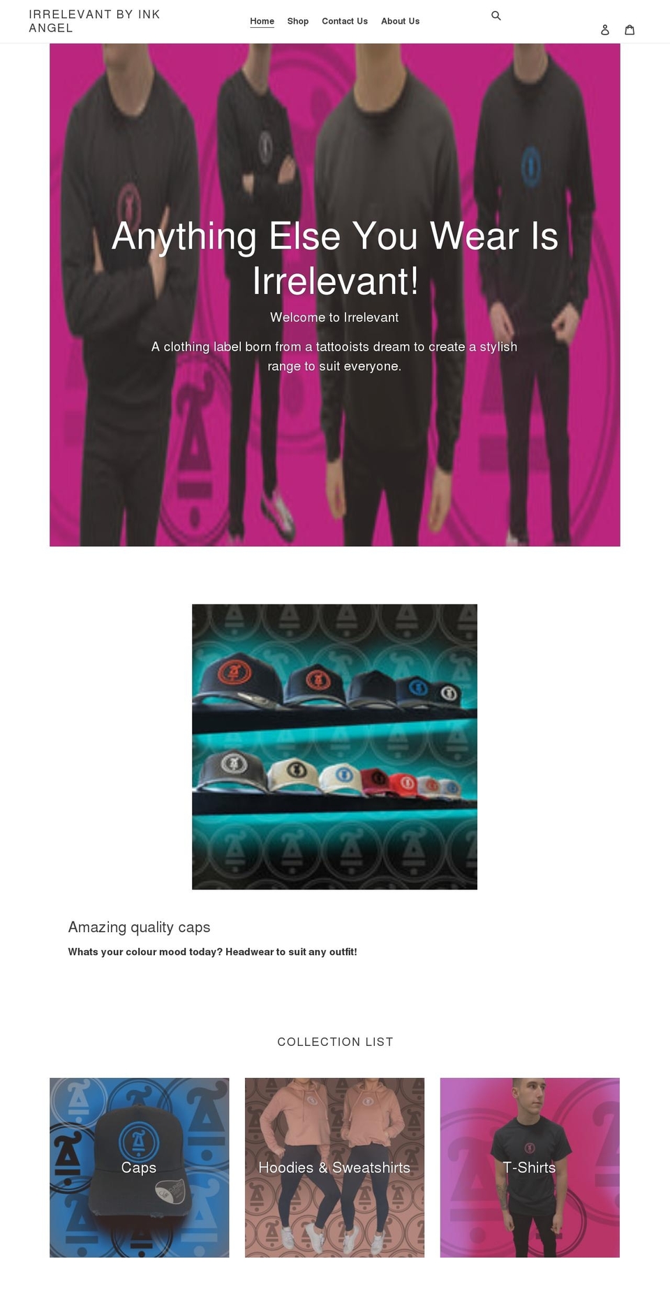irrelevantbyinkangel.com shopify website screenshot